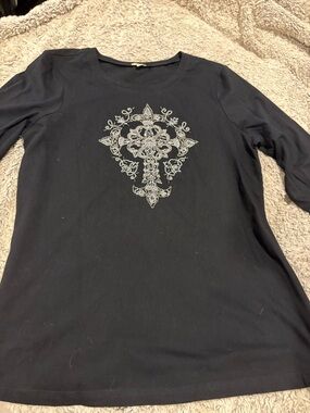 Reba Black Long Sleeve Scoop Neck Top with Silver Embroidered Crest